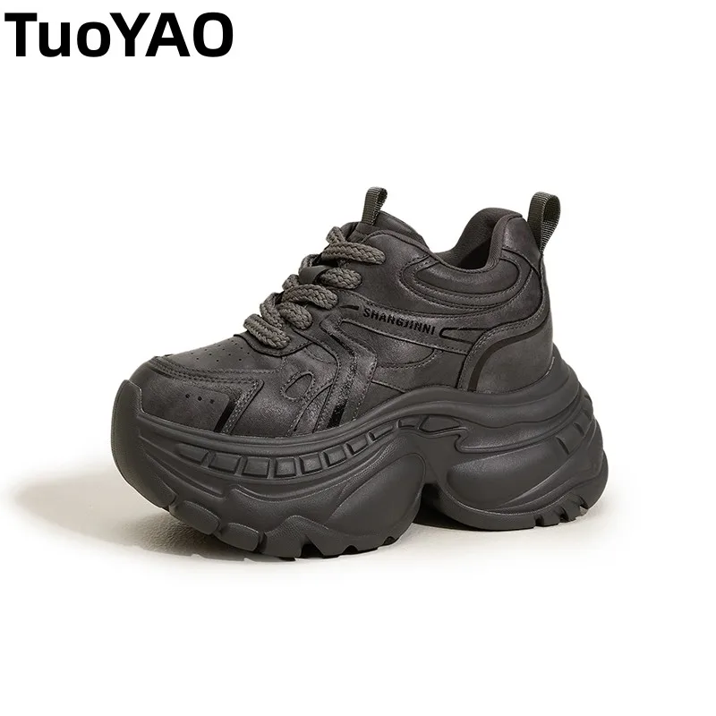 

9cm Genuine Leather Chunky Sneakers for Women Fashion Sneakers Walking Shoes Platform Heel Sneakers Women Casual Shoes