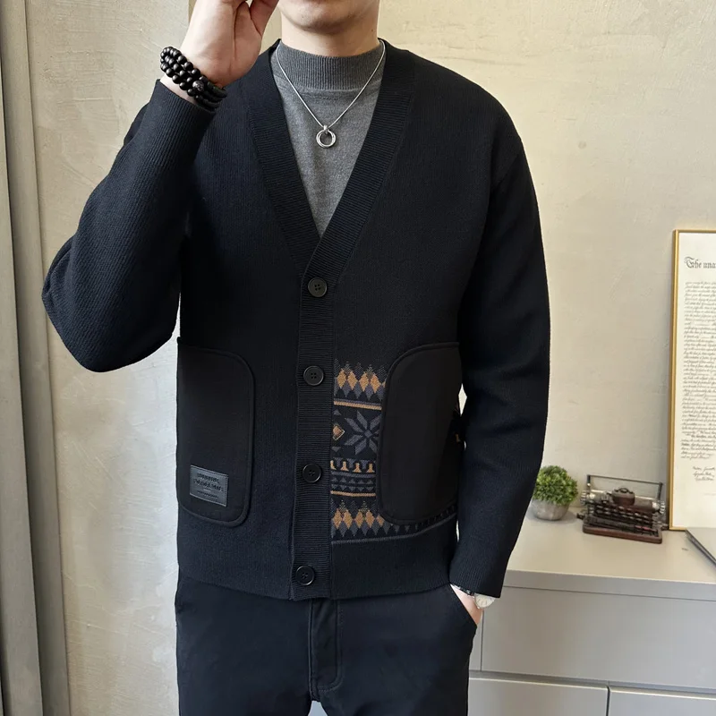 

Весенне-осенний вязаный свитер для мужчин, повседневный кардиган с V-образным вырезом и цветными вставками, модная свободная верхняя одежда