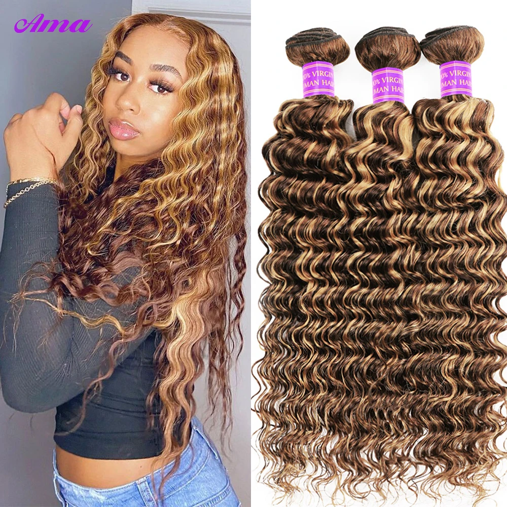 

Highlight Deep Wave Bundles 30 32 Inch Honey Blonde Colored Human Hair Bundles Brazilian Hair Weave Bundles 1 3 4 Bundles Deal
