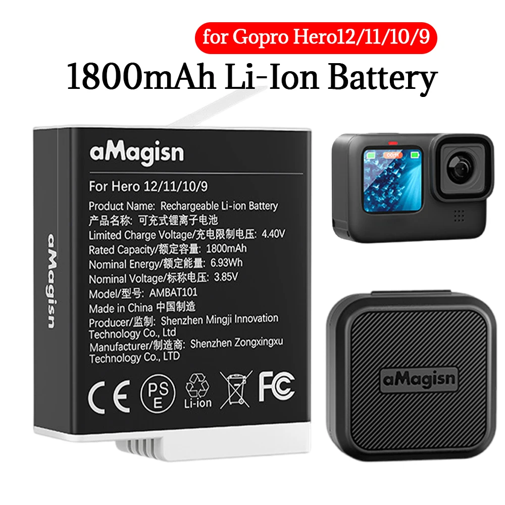 1800mAh Battery Endurence Battery High Performance Battery Rechargeable Batteries for Gopro Hero12/11/10/9 Camera Accessories