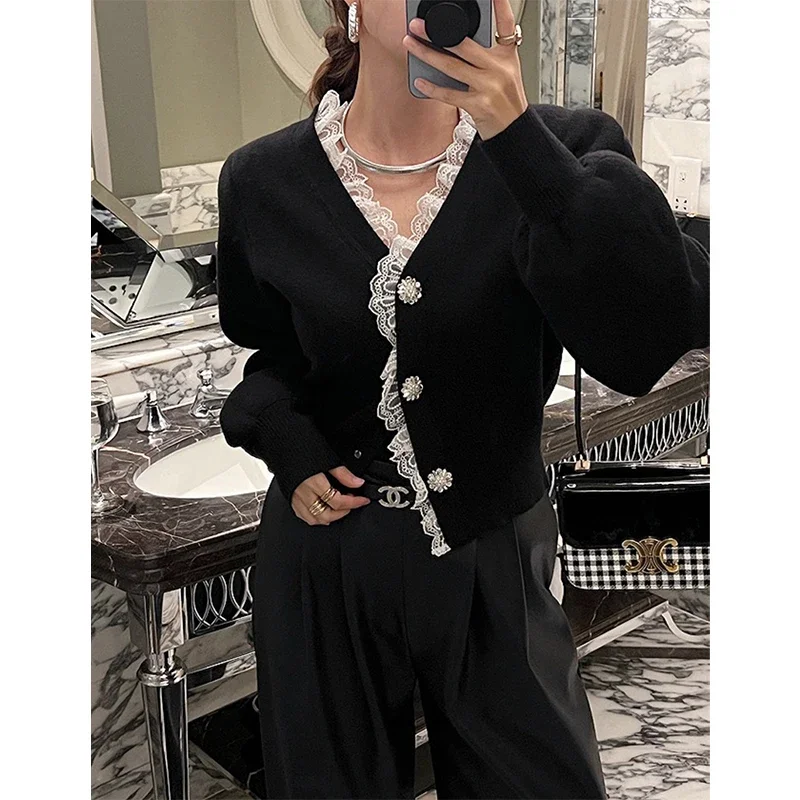 Vintage Knitted Cardigan Women Cropped Lace Black Sweater Outerwears Elegant Korean V Neck Knitwears Winter Design Jumpers