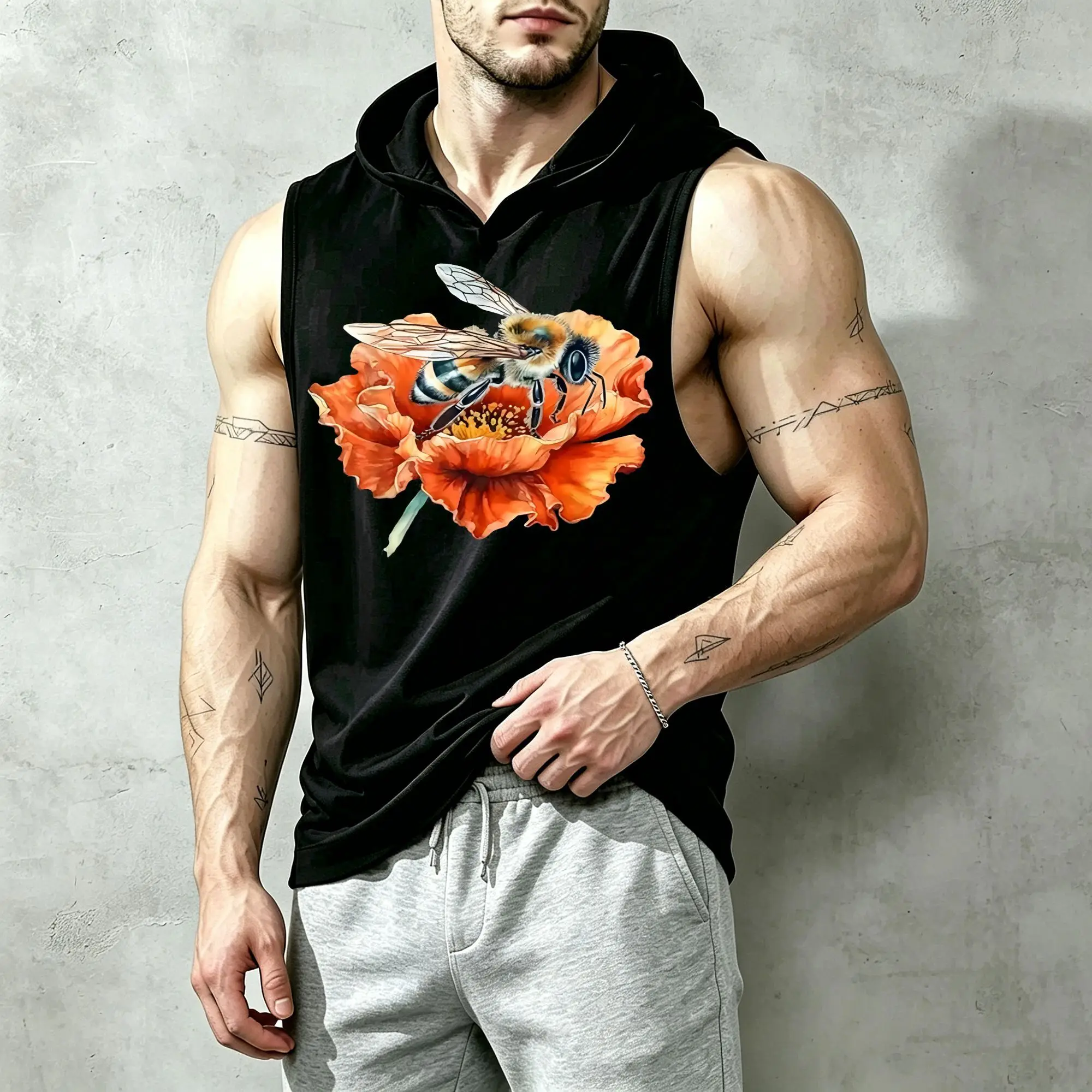 Men's Sleeveless Hoodie with Bee and Poppy Flower Print Top