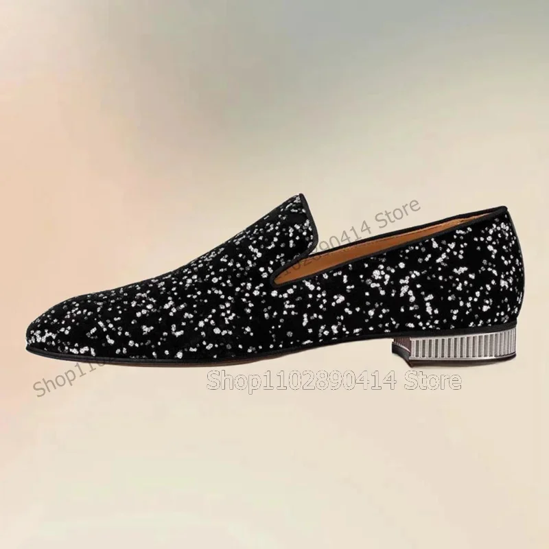 

Sequins Decor Black Square Toe Metal Heel Loafers Fashion Slip On Men Shoes Luxury Handmade Party Feast Wedding Men Dress Shoes