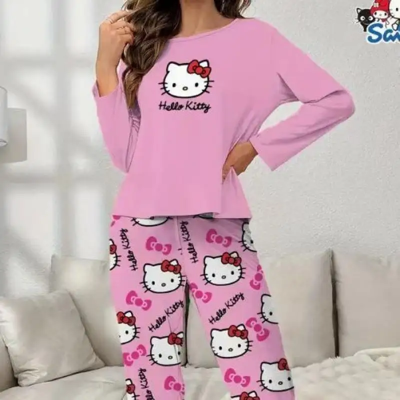 카와이 헬로 키티 만화 얇은 긴팔 잠옷 세트 여성 여름 애니메이션 Sanrio Girly Heart 귀여운 반팔 잠옷 세트