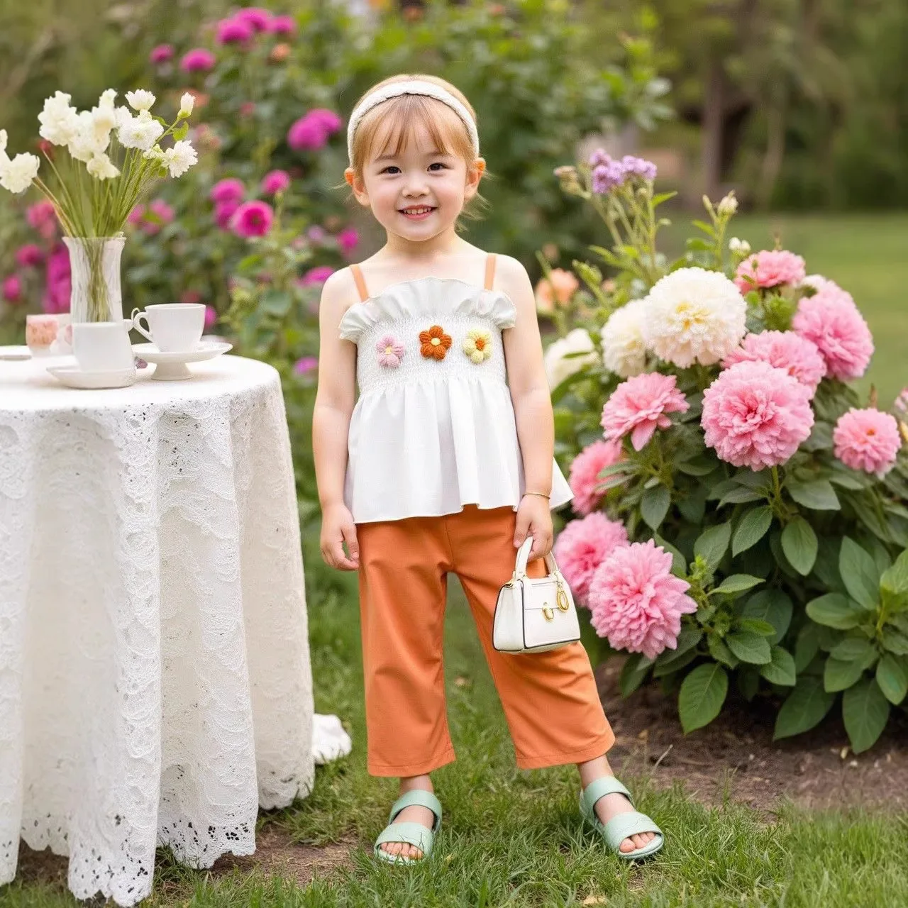 

2 Piece Set Girls Summer Flower Top Long Pants Fashion and Cute New Style Kids Outwear Beautiful Suit