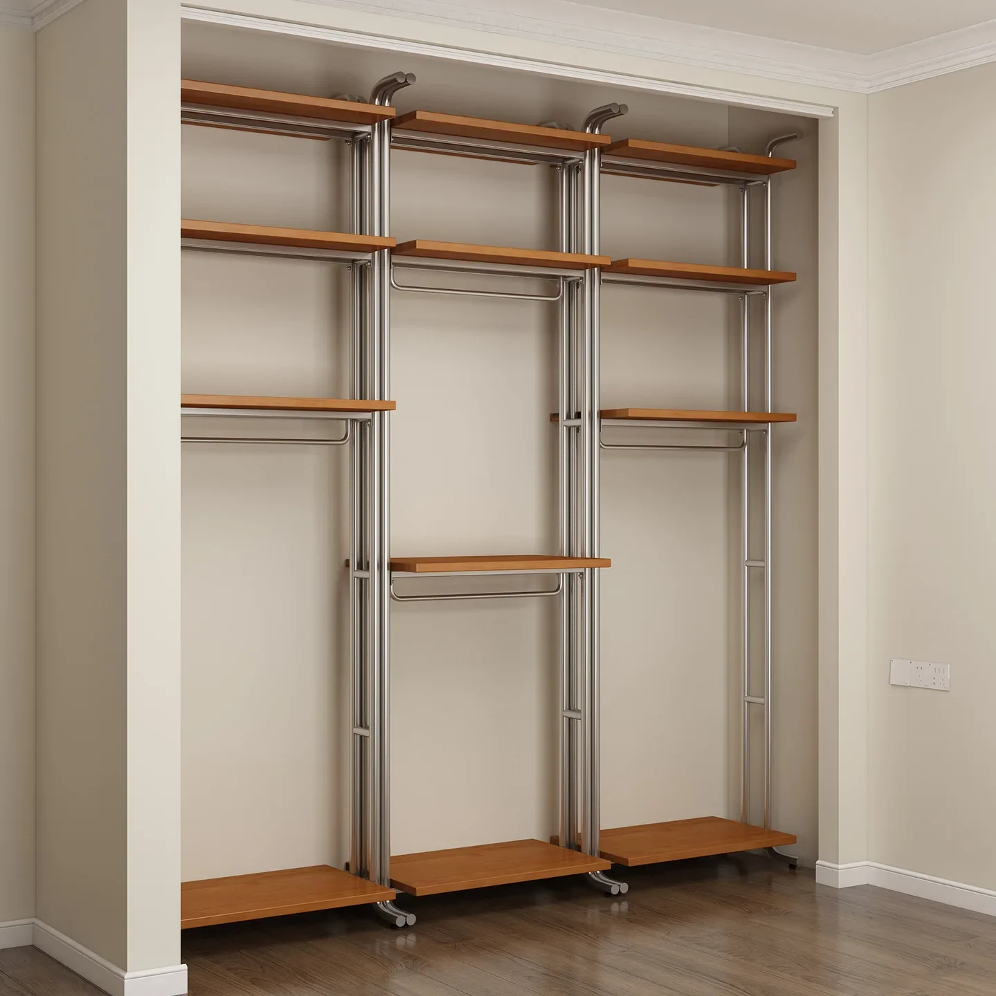 Metal Wardrobe Home Bedroom Open Wardrobe Walk-in Wrought Iron Hanger Floor Steel Frame Solid Wood Hat