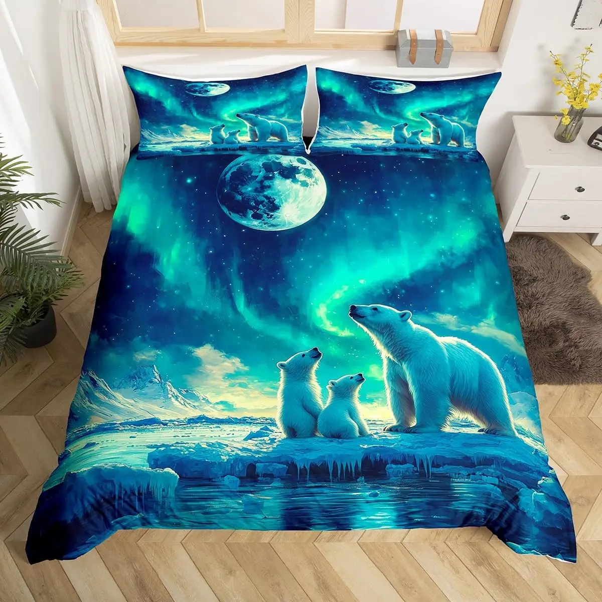 Polar Bear Duvet Cover Twin Queen,Aurora Snow Mountain Bedding Set,Wildlife Nature Themed Room Decor Northern Lights Quilt Cover