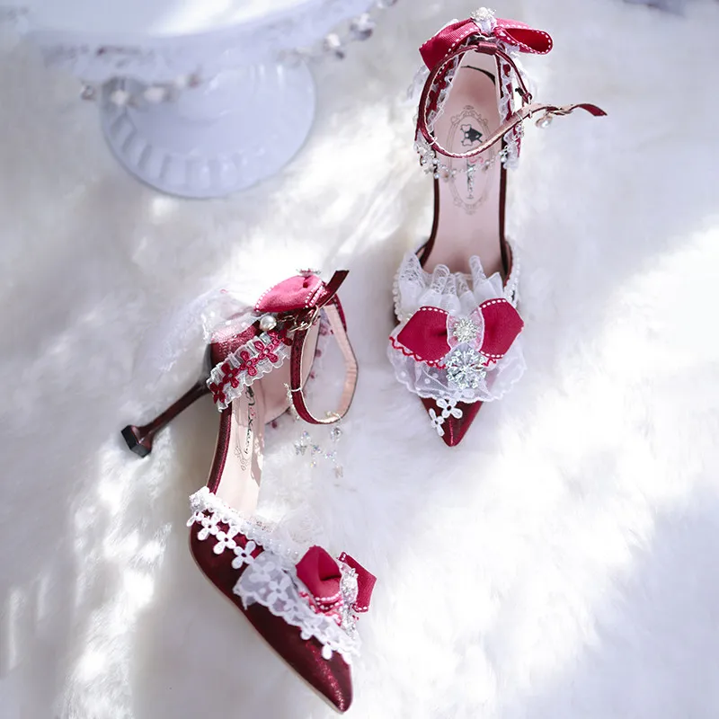 New Year Christmas Lolita Wedding Tea Party Wine Red Pointed Satin Heel Bridal Wedding Shoes High Heels Lo Shoes