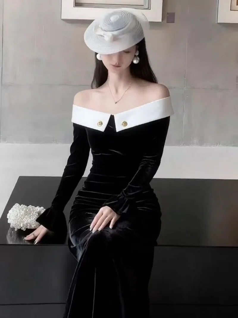新しいヘップバーンスタイル秋ベルベットドレス女性エレガントなスラッシュネックオフショルダー長袖コントラストカラーパーティードレスvestidos