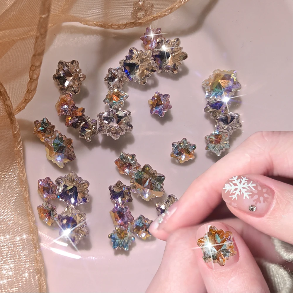 

50pcs Aurora Illusion Snowflakes Zircon Nail Art Charms 8-12mm Pointed Bottom Clear Snowflakes Diamond Nail Gems For Winter Deco