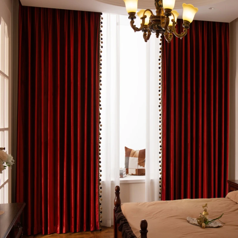 American style bright palace bright red rich luster swan velvet curtain blackout warm highend skin friendly fabric hotel curtain