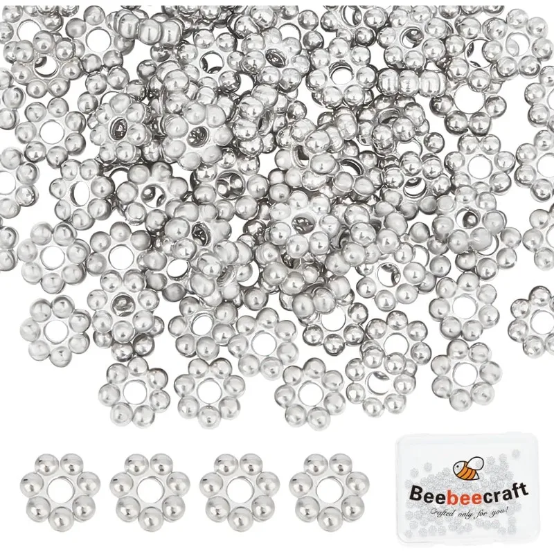 

1 Box 100Pcs Flower Spacer Beads Stainless Steel Tibetan Style Round Floral Granulated Loose Beads with Large Hole for DIY Craft