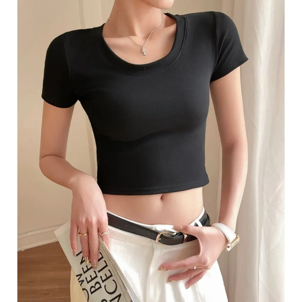 

Women's Cotton Short-Sleeved T-Shirt Shoulder Detail Slim Fit American Style Cool Top for Spring And Summer Wear