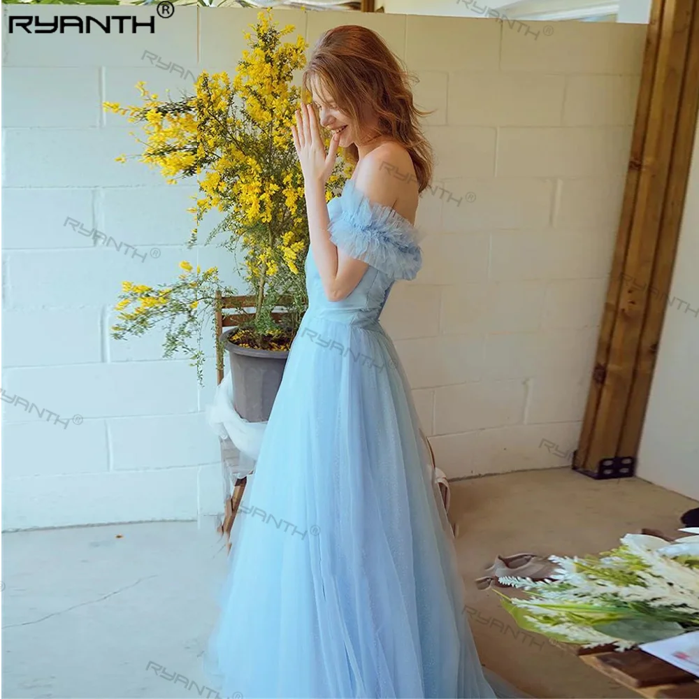 Ryanth Fairy-Sky Blue Soft Tulle Dress, uma linha de vestidos de baile, shoot de casamento da Coréia, fora do ombro, jardim Lace Up Party Gowns