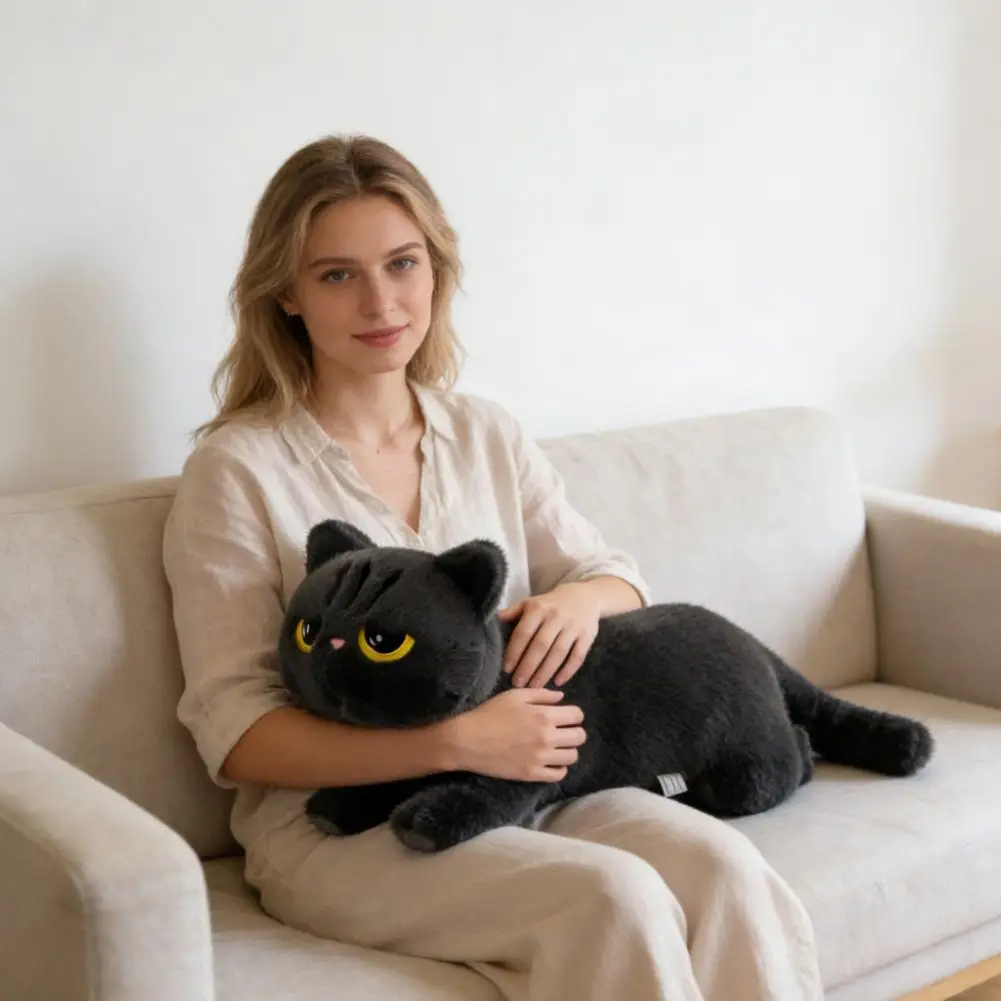 Travesseiro de pelúcia longo de 45cm, gato deitado, preto, cinza, brinquedo de pelúcia, almofada de dormir, descanso para as costas, travesseiro para crianças e adultos, acessórios