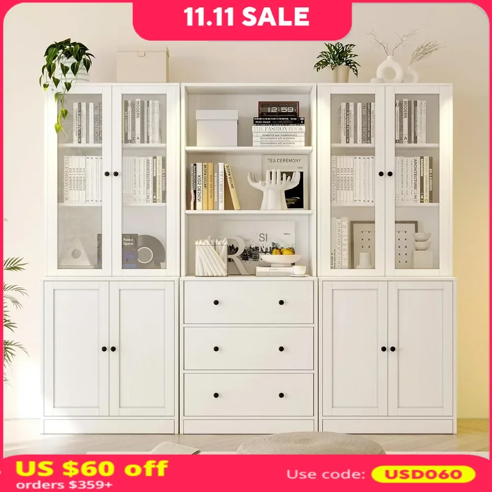 

71" Bookshelf with Open Storage Shelf，3 Large Drawer, Wood Filing Cabinet , Glass Doors 5-Tier Fixed Storage Shelves，Bookcase