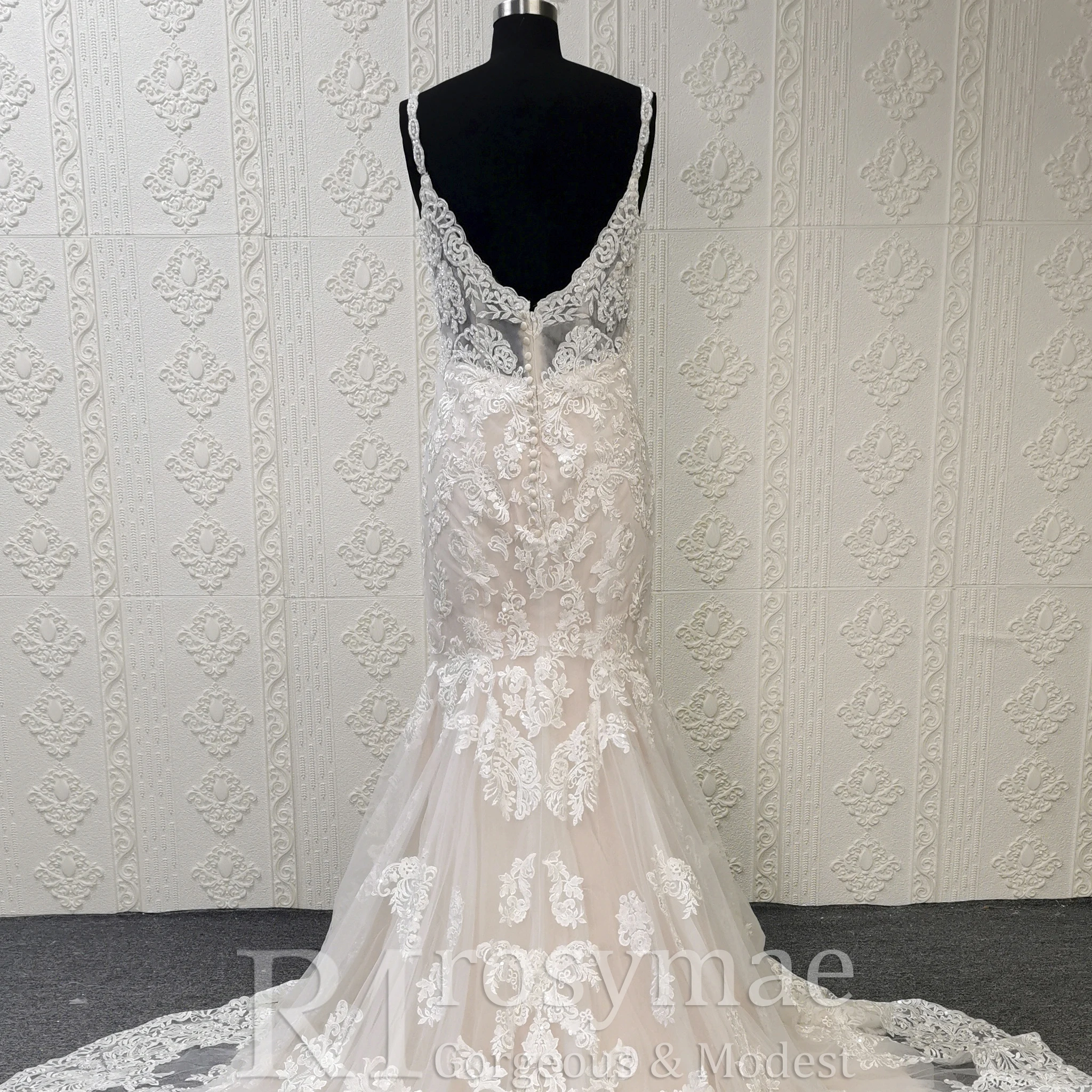 Rosymae elegante vestido de noiva estilo trompete com decote em V profundo sobreposição de renda elegante vestido de noiva