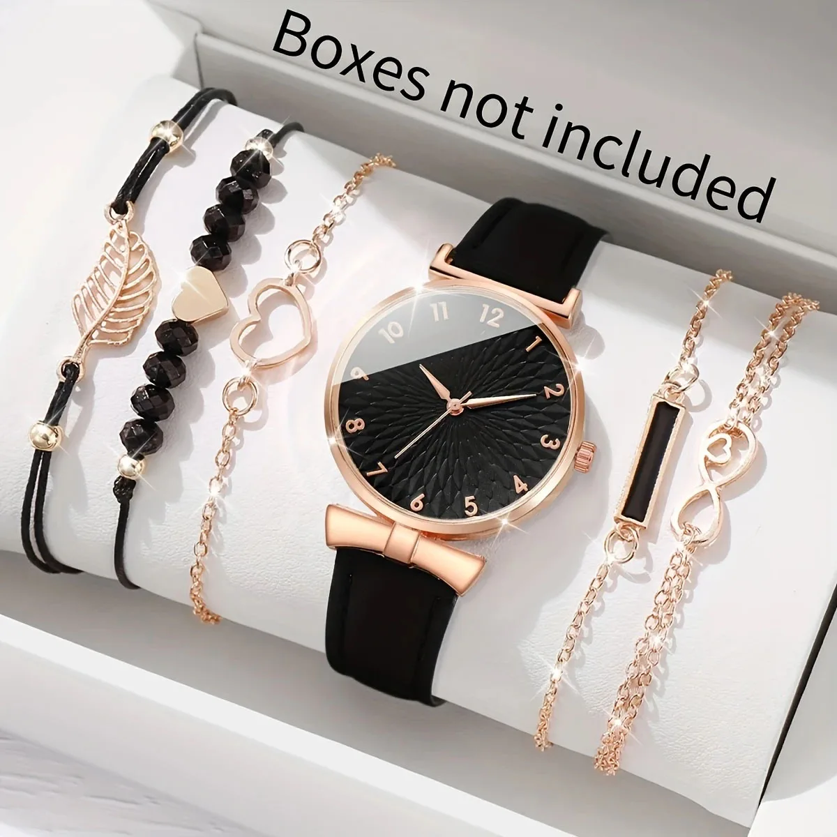 

New Black Rose Gold Women's Watch Set with Belt Quartz Watch and Bracelet Six Piece Set (Box Not Included)