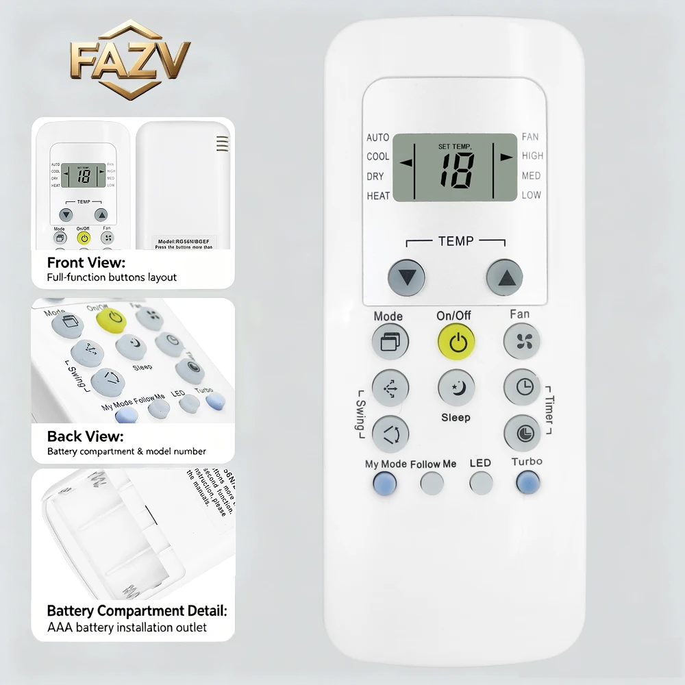 FAZV RG56N/BGEF AC Remote for Midea Carrier Mirage RG56N1/BGEF RG56M/BGEF RG56K/BGEF