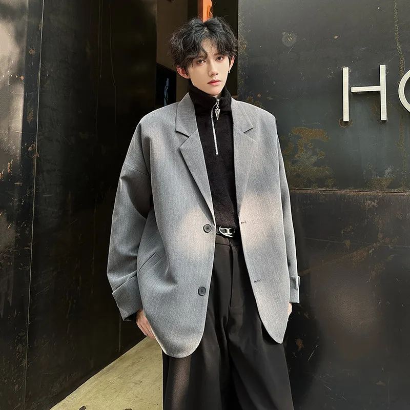 

Casual Cool Men's Suit Pure Color DK Men's Model Street Style Trendy Outerwear Spring Autumn Loose Fit Long Sleeve Two Buttons