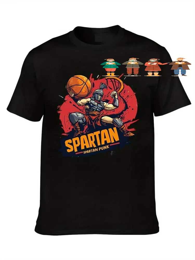 Spartan Warrior Basketball Graphic - 300 Spartan Parade pattern -100% cotton O-neck short-sleeved men's printed T-shirt.