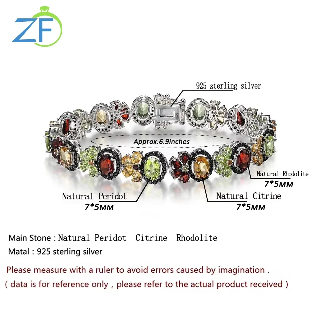 GZ ZONGFA 100% Natural Gemstone Bracelets Rhodolite Peridot Citrine Charm for Women‘s 925 Sterling Silver Fine Jewelry Gifts