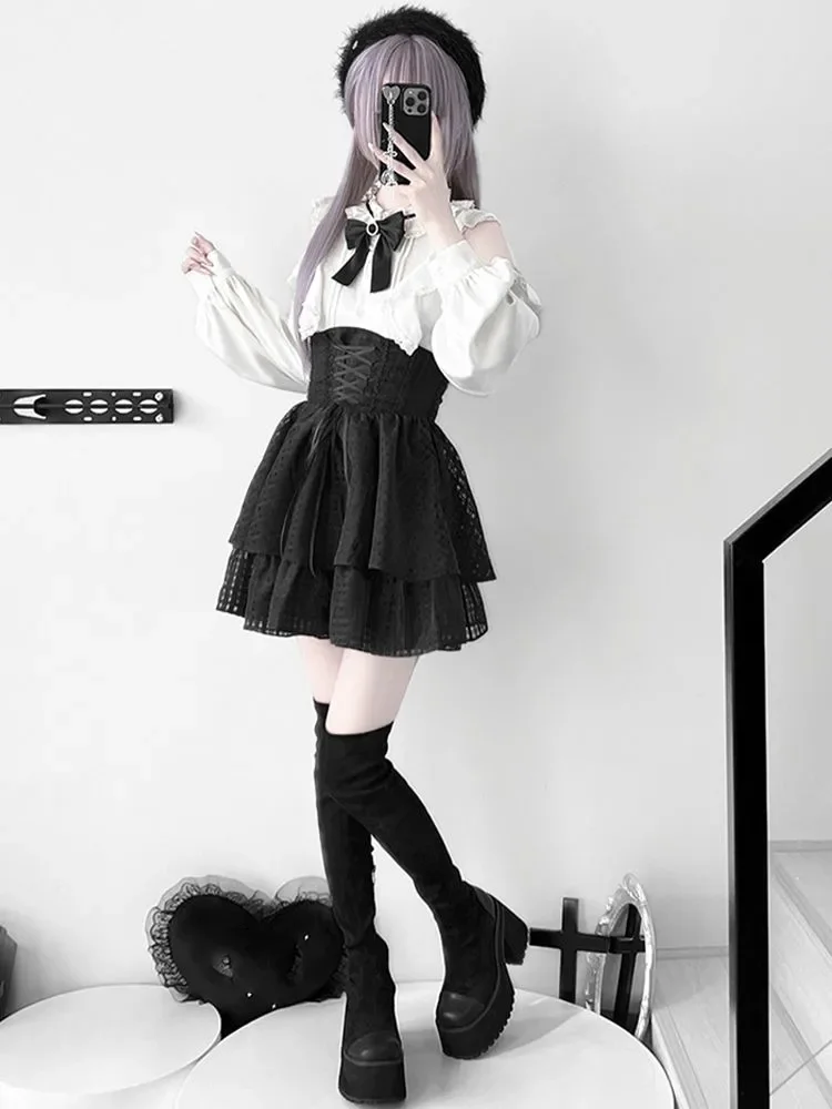 

Японский готический комплект юбки в стиле Лолиты Y2k, женская милая рубашка с открытыми плечами и длинным рукавом с бантом, мини-юбка-торт, женские элегантные наряды