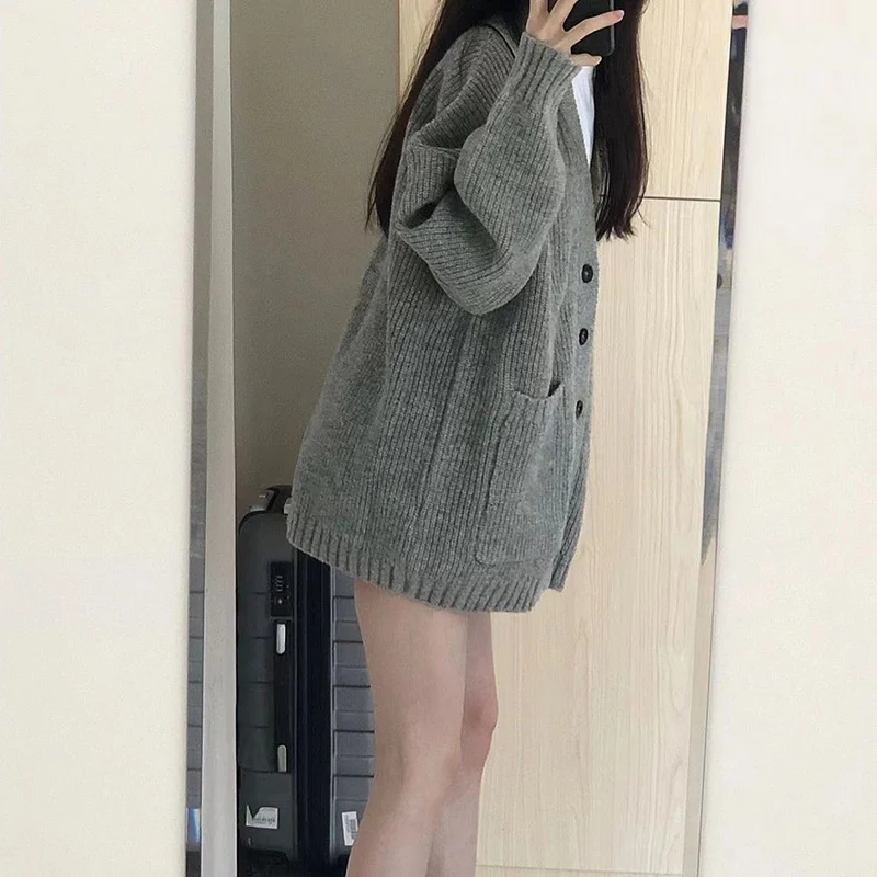 Rimocy Autumn Winter Gray Knitting Cardigan Women Korean Fashion Long Sleeve Loose Cardigan Coat Woman V Neck Button Up Sweaters