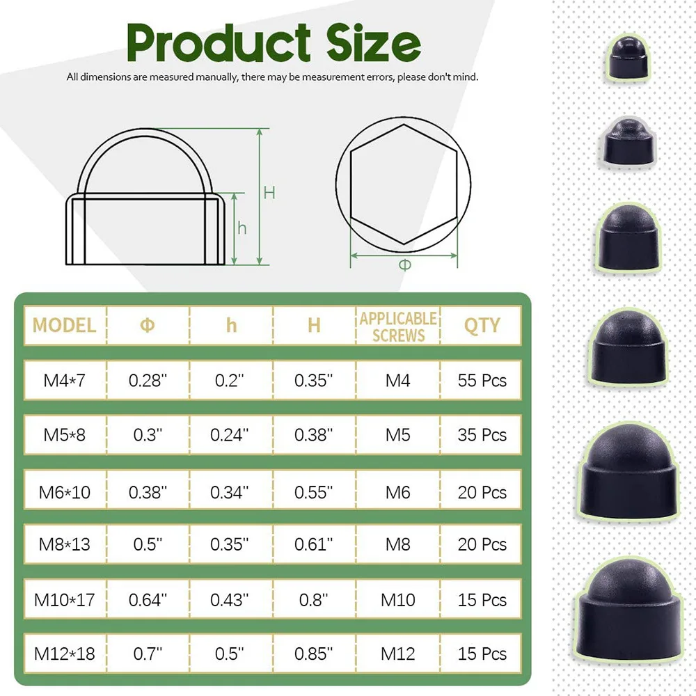 160PCS Boxed Nylon Dome Hex Nut Caps Kit, Plastic Protective Bolt Covers M4/M5/M6/M8/M10/M12