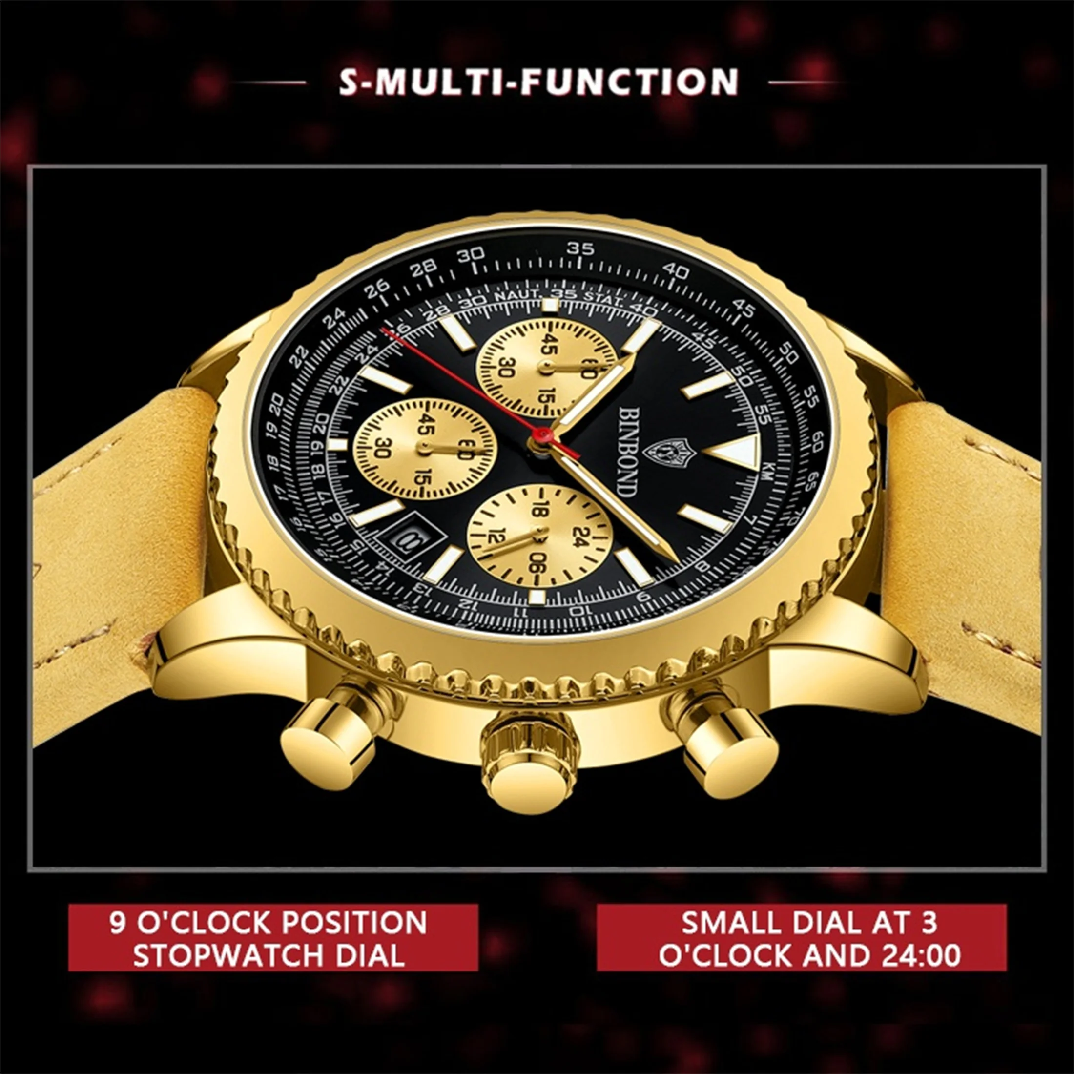 Chronograph Watch Fashion Men\'s Watch 30M Waterproof Calendar Date Function Rhinestone Dial Khaki Leather Quartz Watch Gift 6606