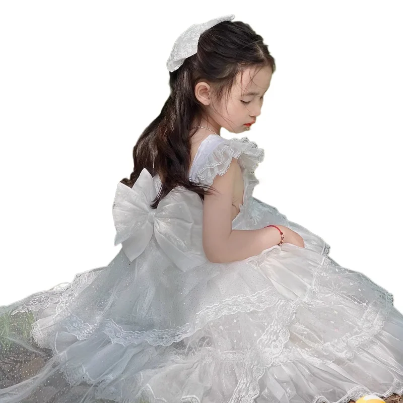 Girls Dress Summer New Children's Skirt Performance Dress White Suspender Princess Party Wedding Sweet Dress