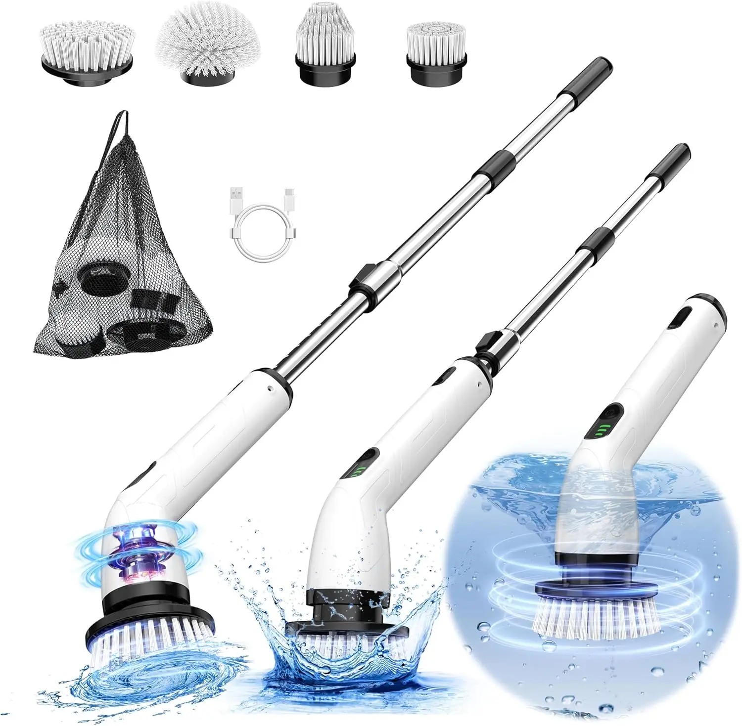 

Waterproof Electric Spin Scrubber with 4 Brush Heads, Extendable Handle for Bathroom Tile Glass Cleaning