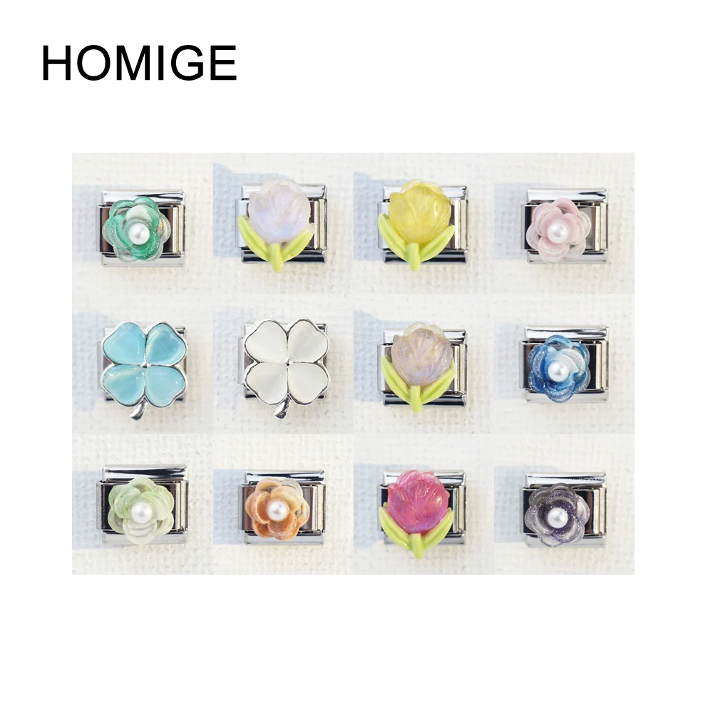 

HOMIGE 2025 New Plant Flowers Four Leaf Fashions Colors Glaze Charm Links Fit 9mm Bracelet Stainless Steel Making DIY Jewelry