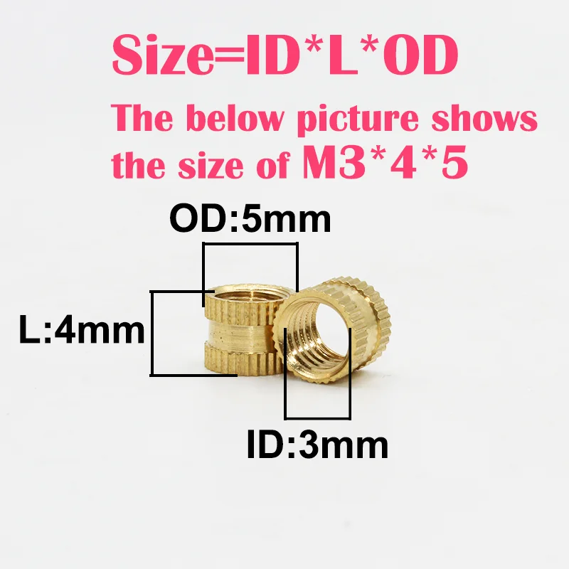 Latão recartilhado rosca inserir porca conjunto, moldagem por injeção incorporado porca de cobre, impressora 3D de plástico, inserindo, M2, M2.5, M3, M4, M5, M8, M10