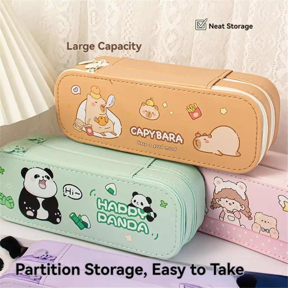 حقيبة أقلام رصاص مزدوجة الطبقة للأطفال ، سعة كبيرة ، كابيبارا باندا ، رائد فضاء ، منظم قرطاسية ، متعدد الوظائف