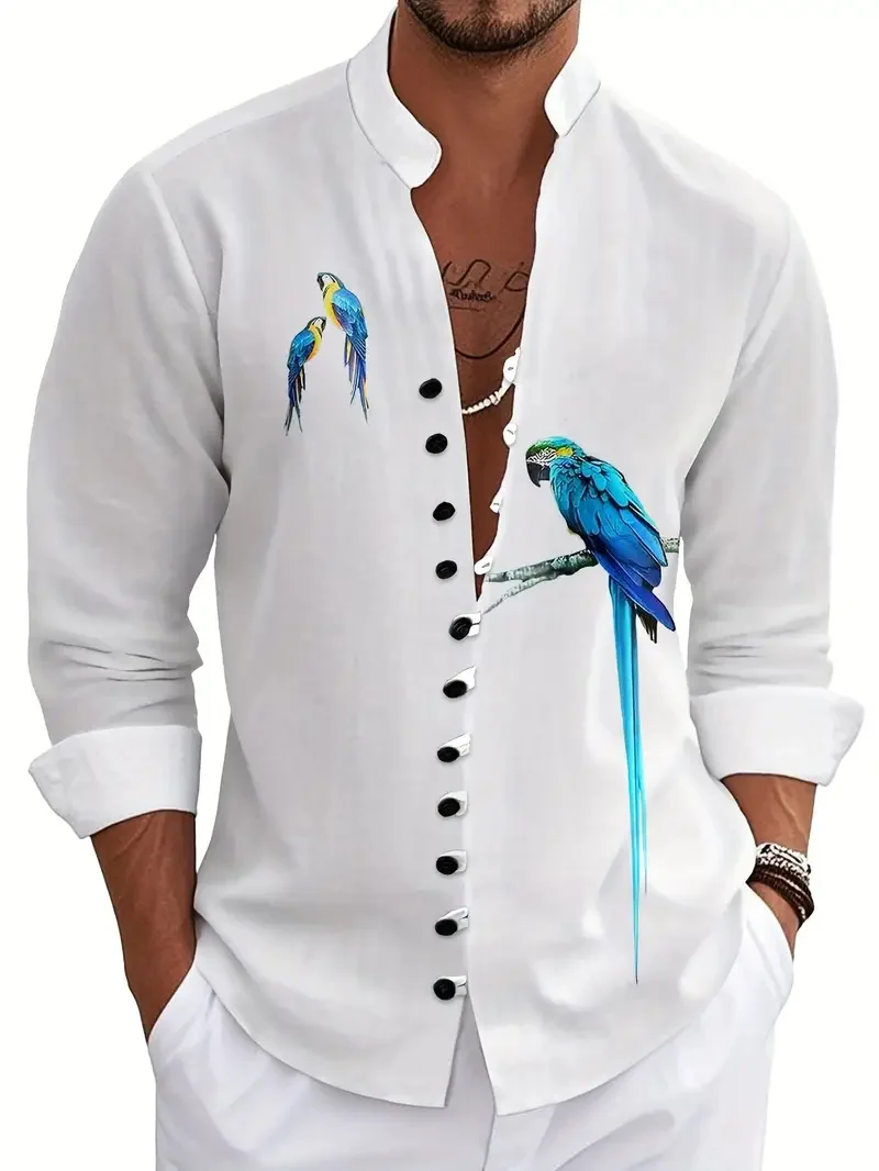 Men's Long Sleeve Shirt New Parrot Printed Button Shirt Fashion Loose Men's Shirt Casual Clothing Men's Clothing