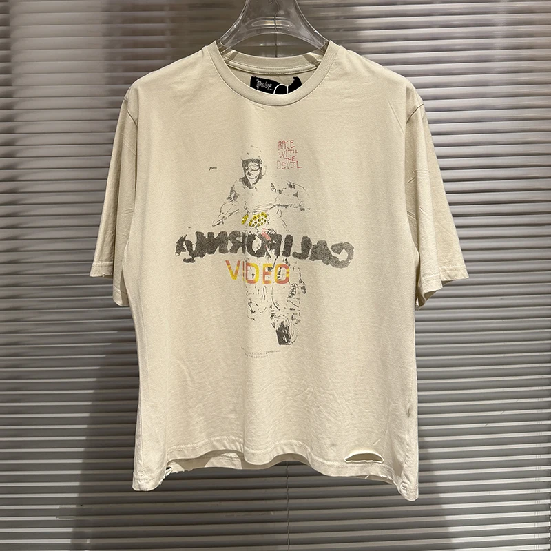 Camiseta PALY Hollywood para Hombre y Mujer, Nueva Colección de Verano, Estampado Retro de Motocicleta, Manga Corta, Lavada, con Pedrería, Camiseta PALY