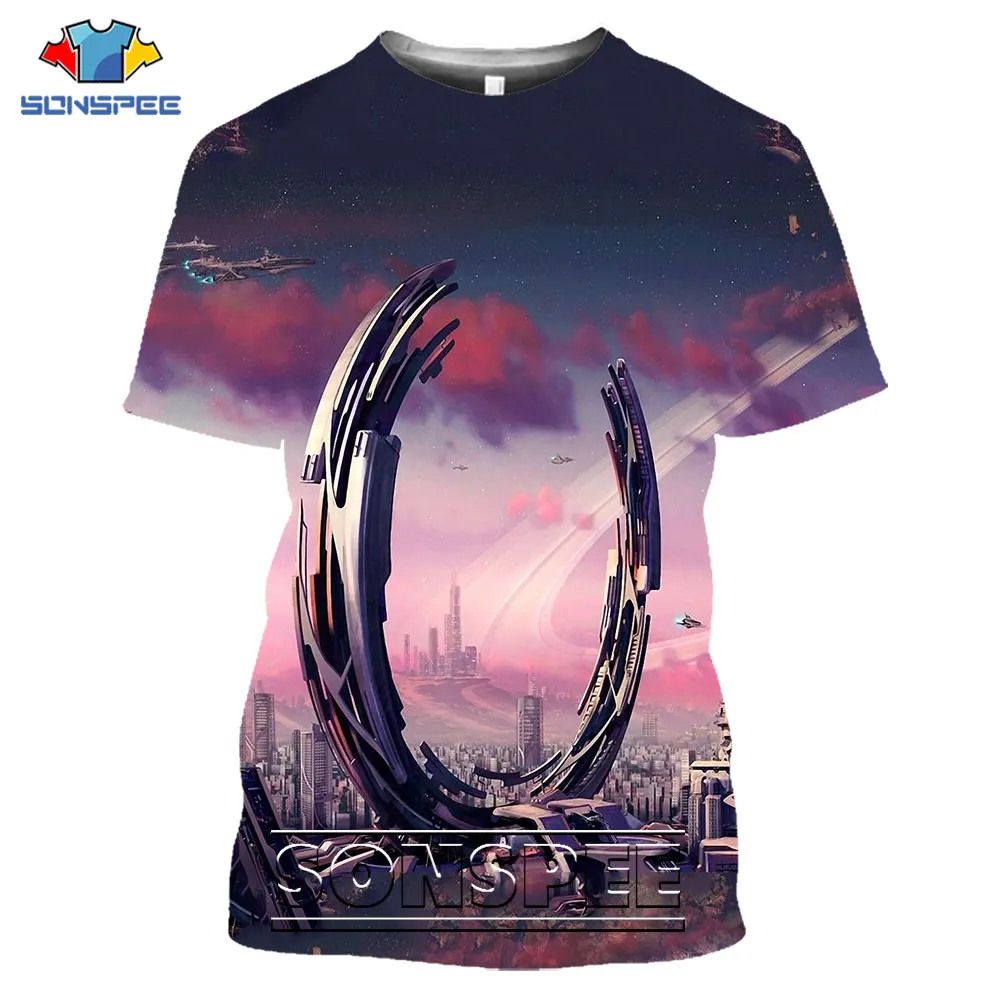 SONSPEE 3D Printed City Building T-shirt Alien Technology Wind Clothing Fashion Science High-rise buildings Fiction Trend Tops