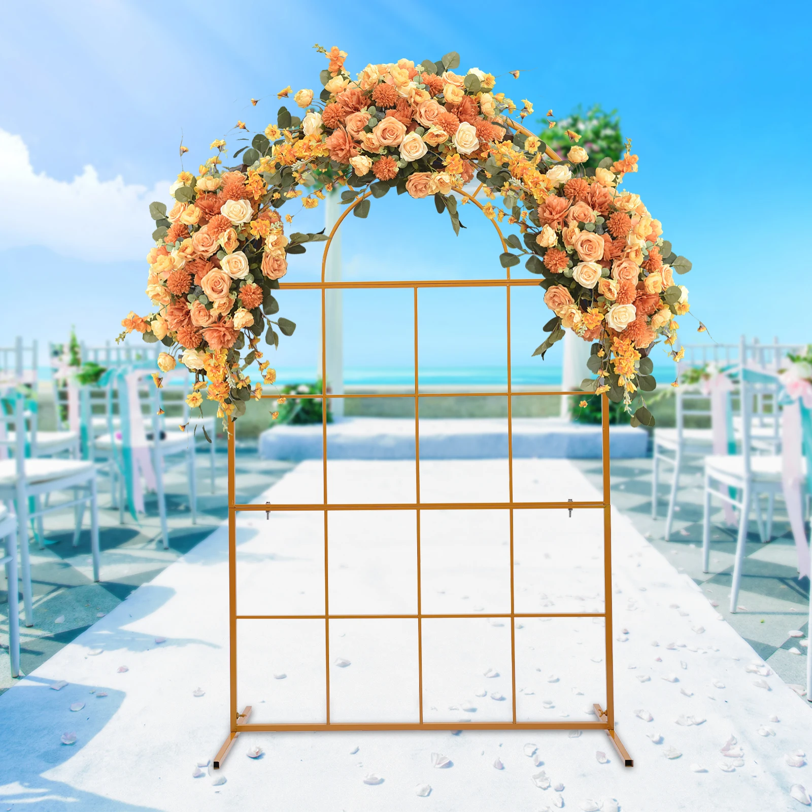 

6.6×3.9ft Gold Metal Gate Arch Stand, 1.2×2m Size, 22.05lbs Load—Galvanized Iron & T-Base for Weddings/Gardens