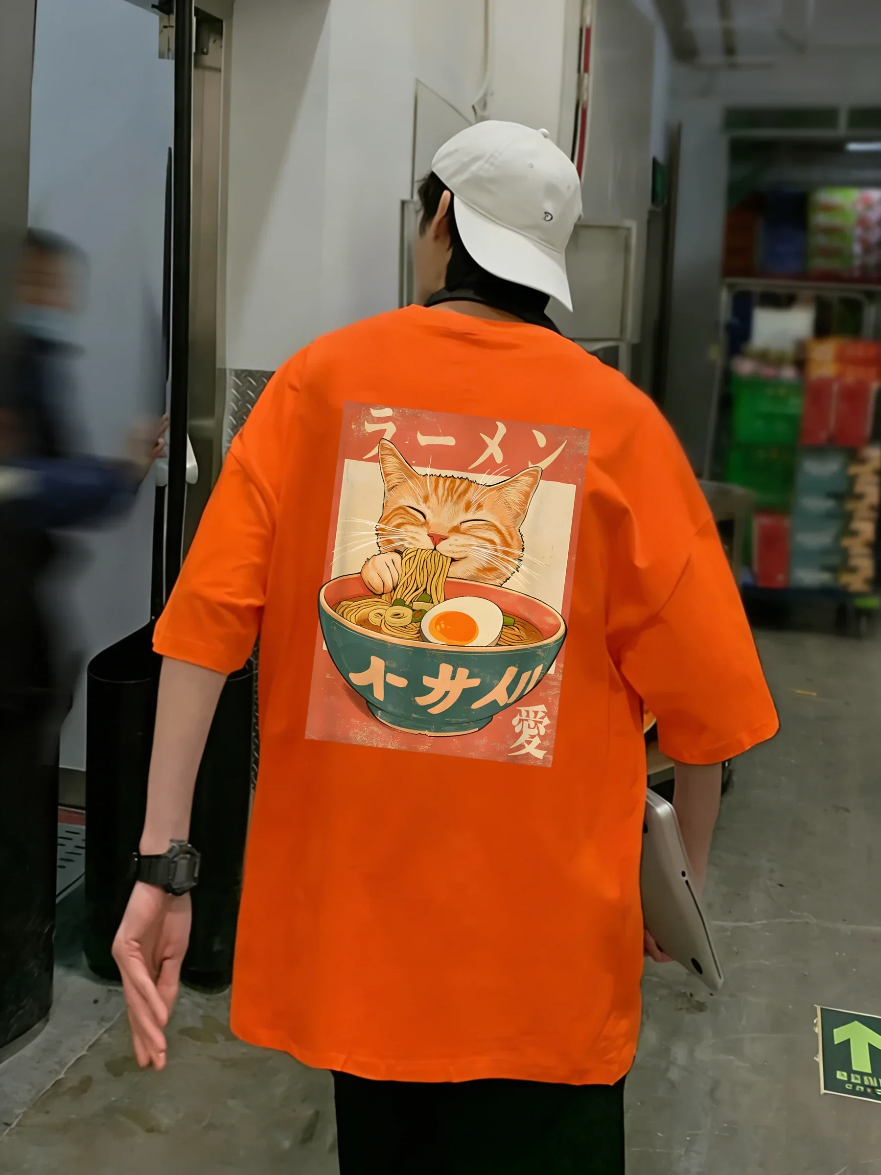 Eating Noodles Will Make Cats Happy Man T-Shirt Loose Cotton Tee Trendy Crewneck Short Sleeve Unisex Summer Casual Streetwear