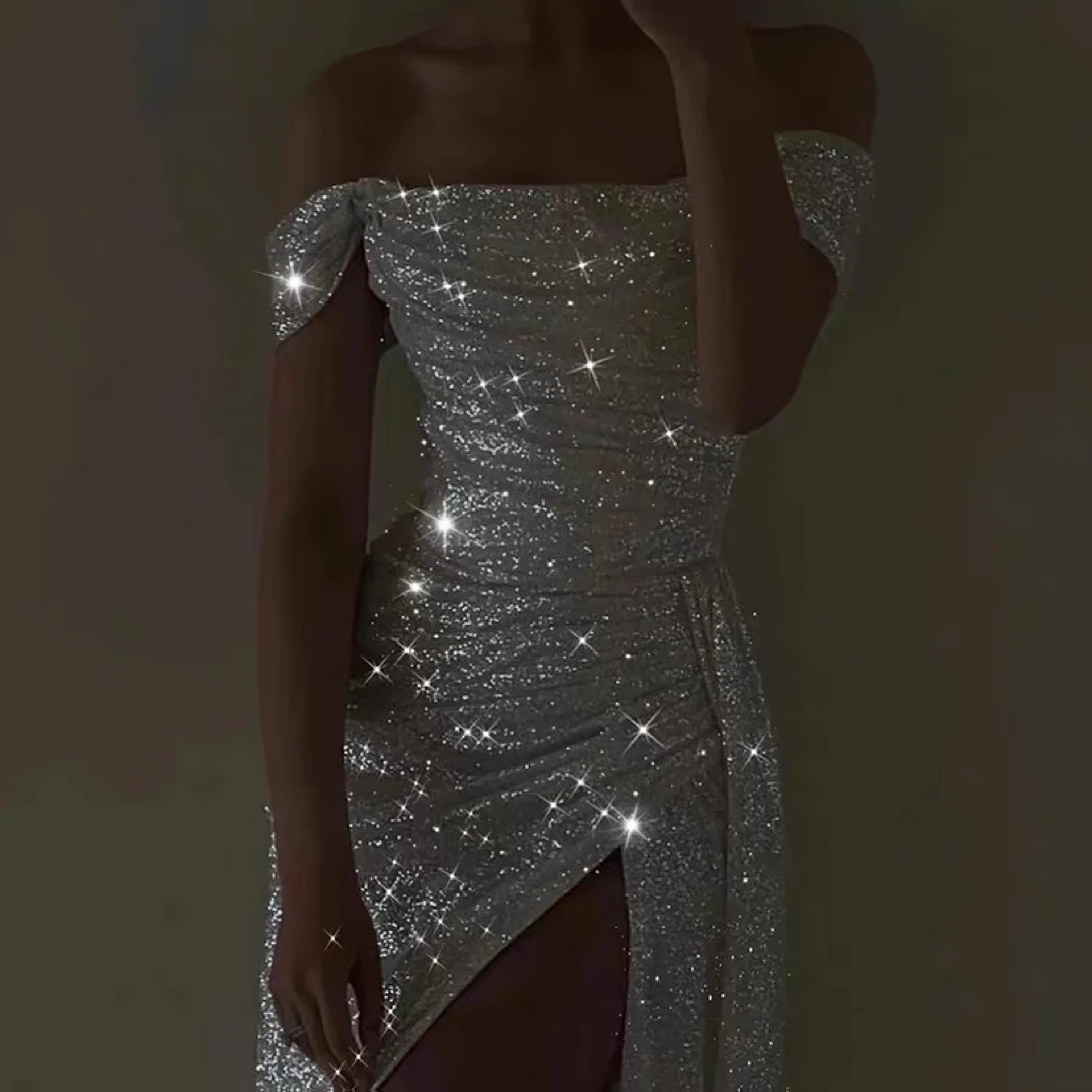 Glitter Mermaid Celebrity Dress Shiny Sequined Beading Boat Neck Off Shoulder Bridal Wedding Party Prom Sexy Evening Gown Woman