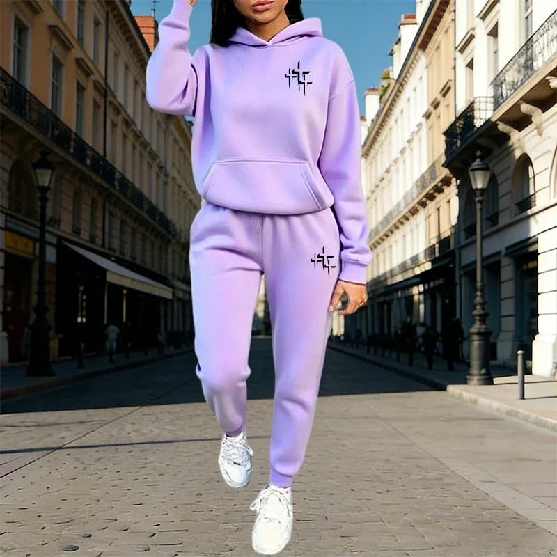 Autumn Winter Home Outdoor Casual Fashion Pure Color Sportswear Cross Print Women's Hoodie Sets Hooded Sweatshirt and Sweatpants image 6