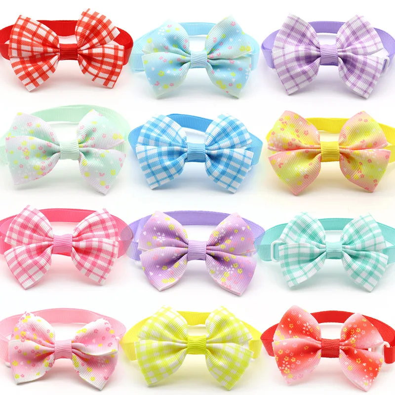 50pcs/100pcs Pet Supplies Grooming Dog Elastic Band Adjustable Pet Bow Tie Small Cat Dog Collar Accessory Grid Series