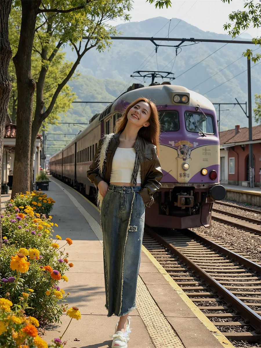 

Ankle length Denim Skirts Womens Autumn Cozy Comfortable Layered Artistic Modern Patchwork Pleated Chic Feminina Elegant Sweet