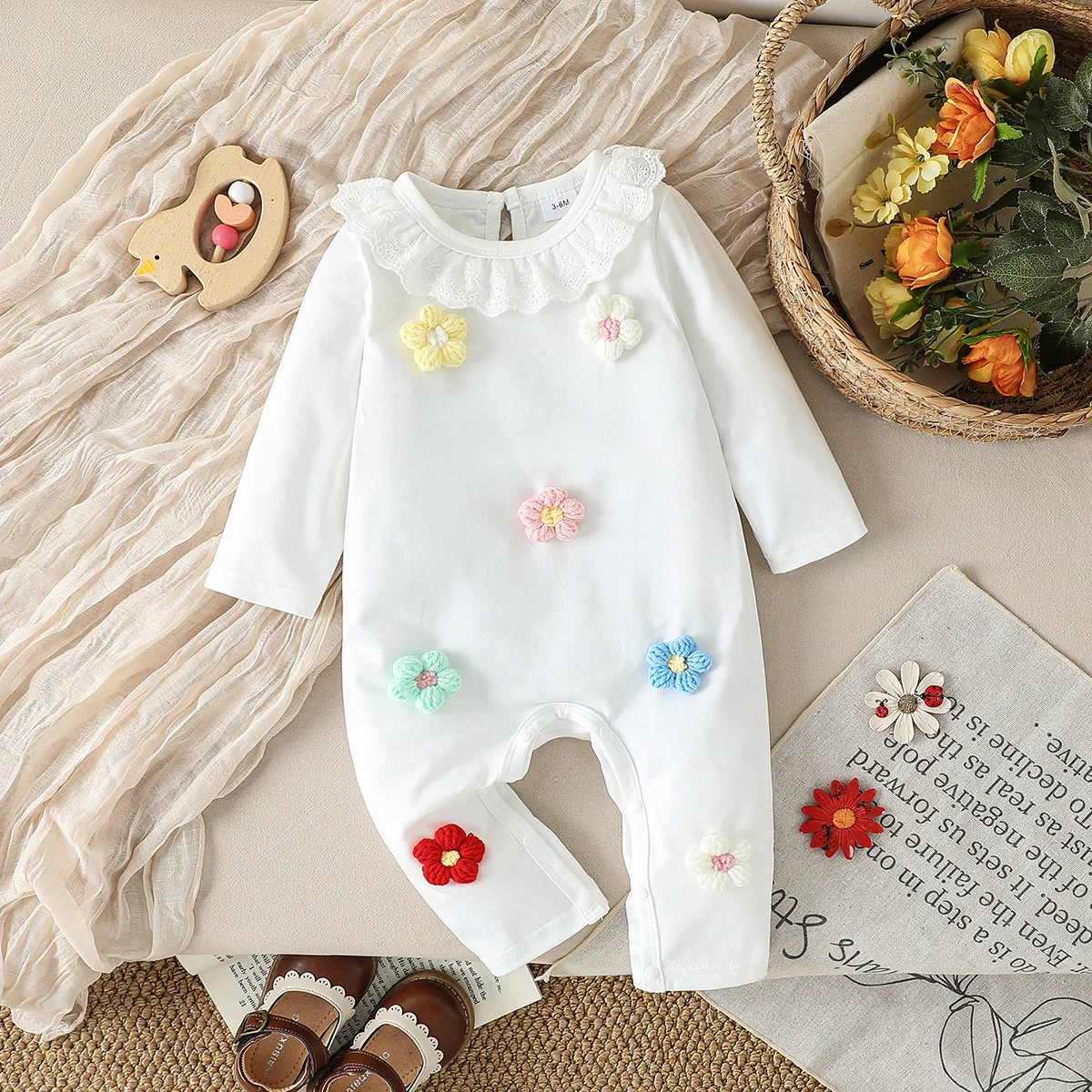 3-24M Baby Girls Rompers Clothes White Long Sleeve Spring Autumn Jumpsuits Outfits With Froal For Casual Daily Clothes