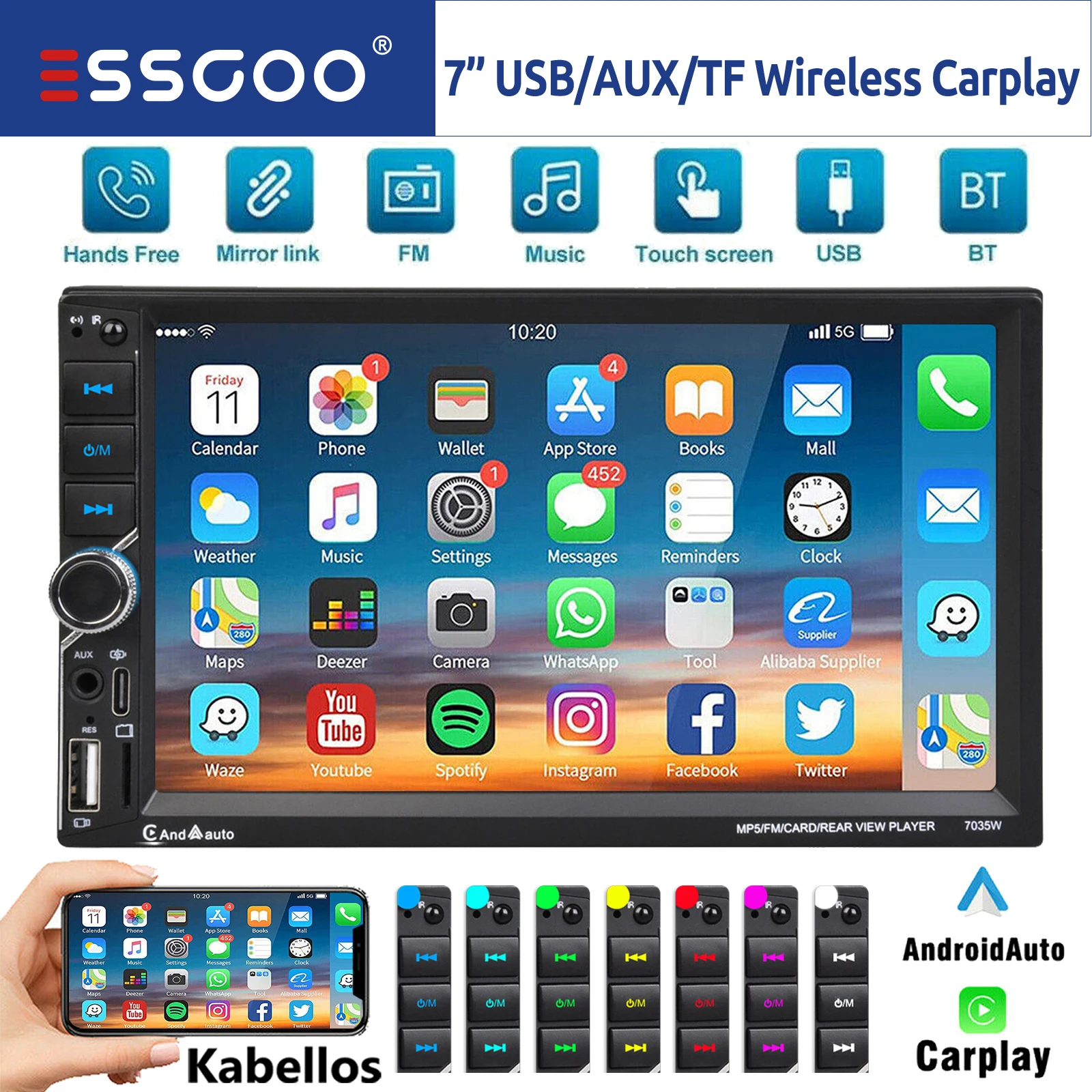 ESSGOO 7 Inch Wireless Apple Carplay Android Auto Double 2 DIN Car Stereo Radio AUX FM Bluetooth USB TF Touchscreen Mirror Link