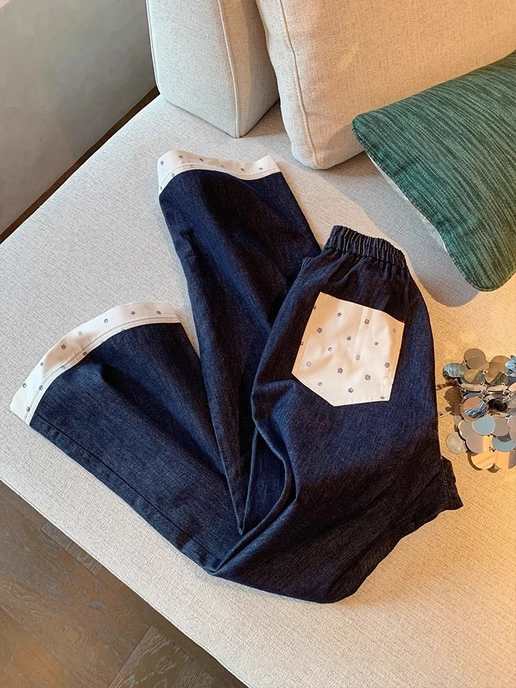 

Лоскутные повседневные джинсы с высокой талией для мужчин и женщин, осенне-зимний дизайн, уникальные маленькие универсальные длинные брюки, синие джинсовые брюки