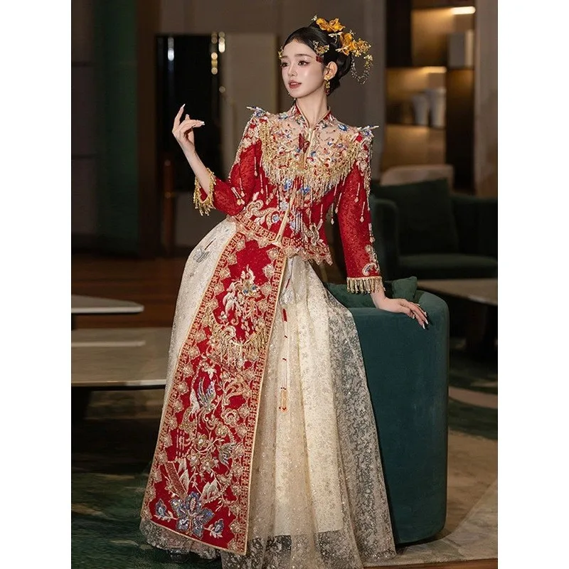 

Luxurious color-blocking Chinese-style wedding dress new phoenix crown red cape gauze skirt toasting dragon and gown