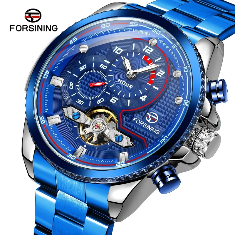 

FORSING 8229 Fully Automatic Mechanical Luminous Waterproof Timer Multi Functional Watches for Men with Tourbillon Dial Design