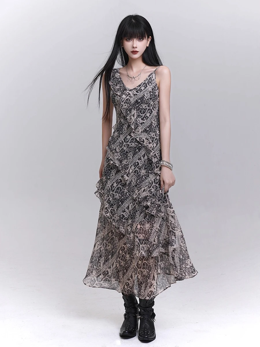 REDDACHiC Boho Tribal Print Abito a canotta da donna Vintage Profondo scollo a V Abito lungo drappeggiato con volant irregolare Abiti estivi per le vacanze